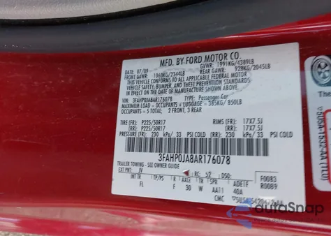 2010 Ford Fusion Sel z USA, uszkodzony, nr VIN 3FAHP0JA8AR176078